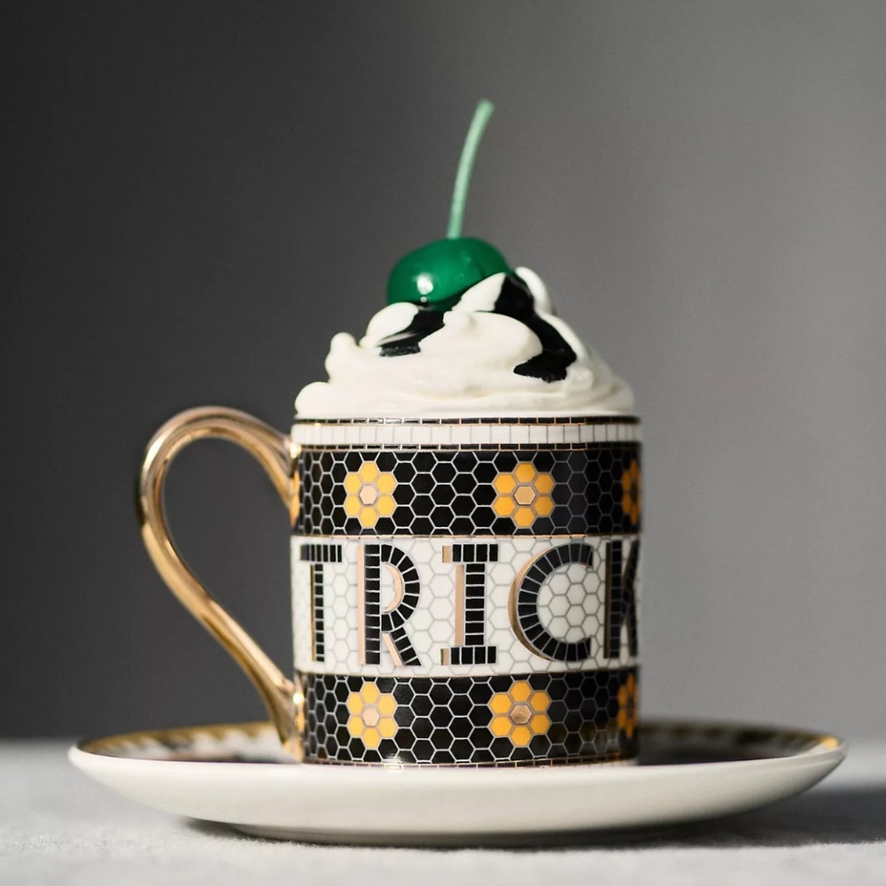 Anthropologie The Bistro Tile Stoneware Espresso Mug Cup & Saucer